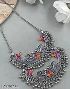 Tehzeeb Creations Women's Silver Colour Oxidised Necklace And Earrings With Peacock Design | Grocsy