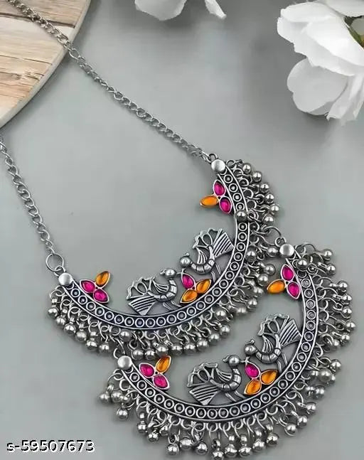 Tehzeeb Creations Women's Silver Colour Oxidised Necklace And Earrings With Peacock Design | Grocsy