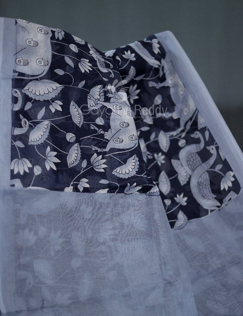 Shades of Dark Navy Blue And Grey With Pichwai Print Munga Cotton Saree By Gayathri Reddy Designer Studio | Grocsy