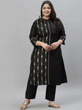 Sztori Plus Size Ethnic Motifs Printed Mandarin Collar Straight Kurta with Trousers | Grocsy