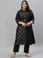 Sztori Plus Size Ethnic Motifs Printed Mandarin Collar Straight Kurta with Trousers | Grocsy