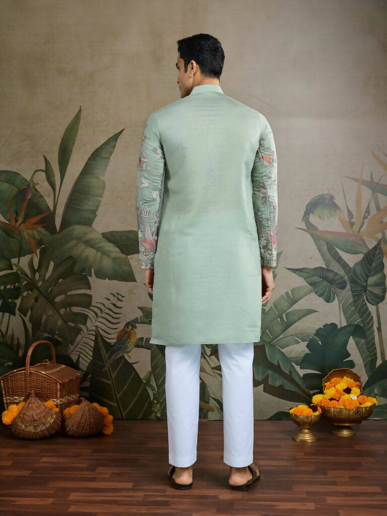 Vastranavya Pista Green Exclusive Festival Wear Viscose Silk Thread & Sequence Embroidered Work Kurta | Grocsy