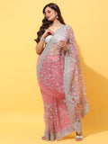 kasee Pink & Silver-Toned Floral Embroidered Net Heavy Work Saree | Grocsy