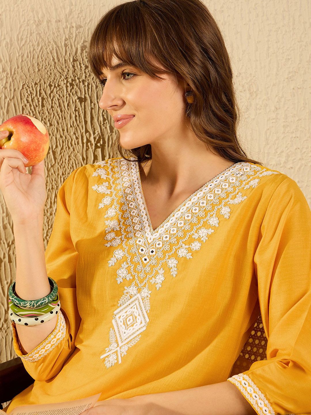 Indo Era Floral Yoke Design V-Neck Straight Kurta With Trousers & Dupatta | Grocsy