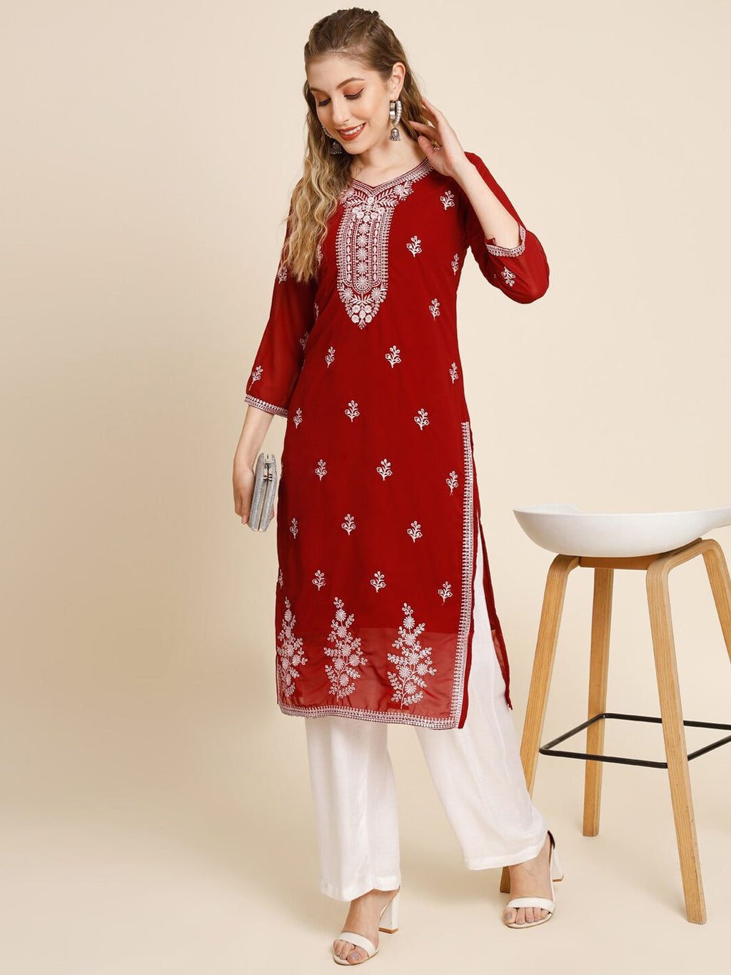 HERE&NOW Women Floral Embroidered Thread Work Georgette Kurta | Grocsy