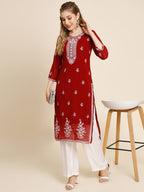 HERE&NOW Women Floral Embroidered Thread Work Georgette Kurta | Grocsy
