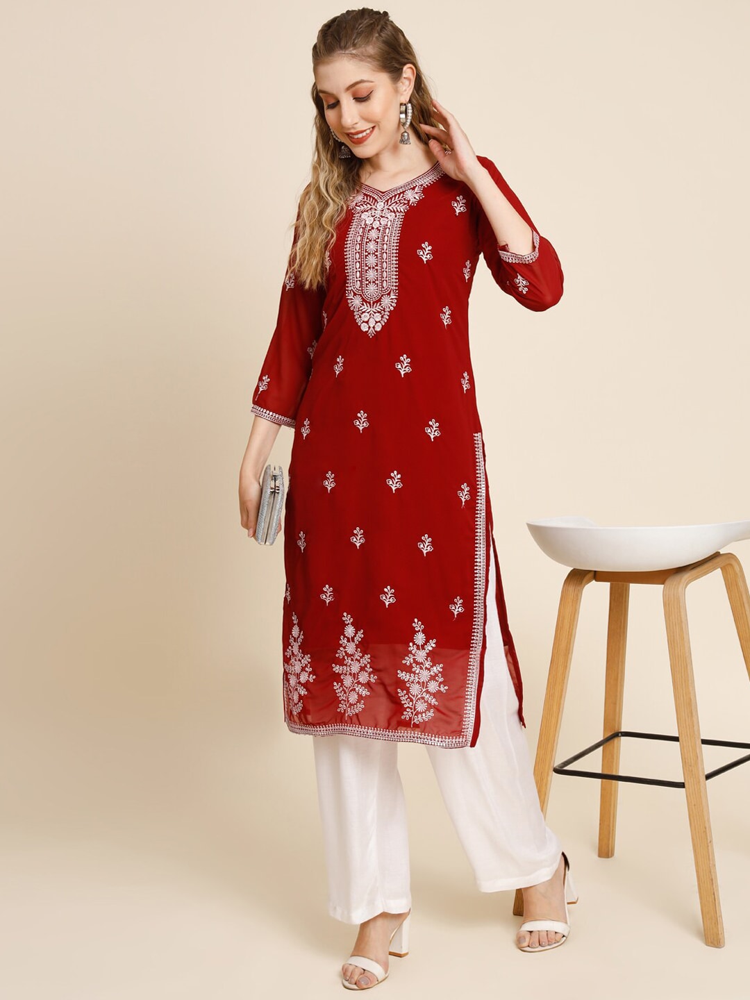 HERE&NOW Women Floral Embroidered Thread Work Georgette Kurta | Grocsy
