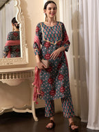 Sangria Teal Blue Floral Printed Gotta Patti Pure Cotton Kurta With Trousers & Dupatta | Grocsy