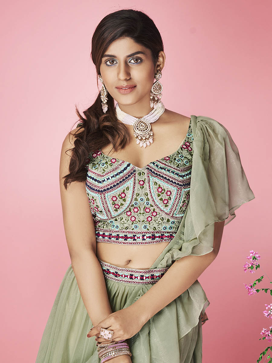Myra Olive Green Art Silk Designer Lehenga | Grocsy