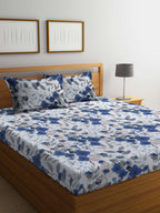 BOMBAY DYEING Blue & White Floral Cotton 144 TC King Bedsheet With 2 Pillow Covers | Grocsy