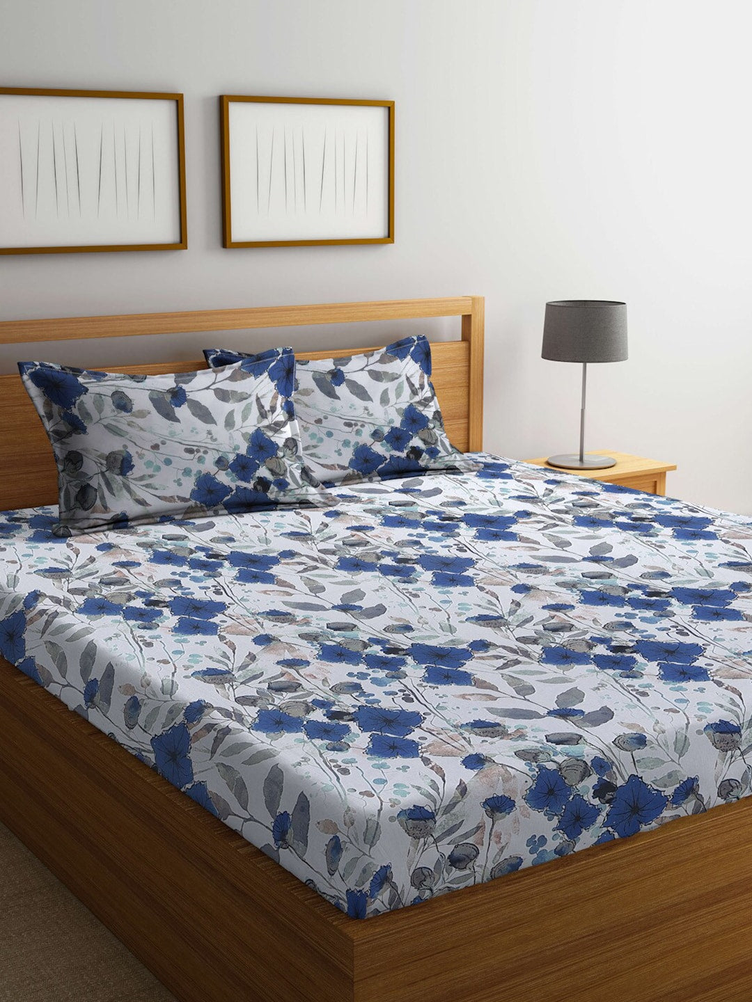BOMBAY DYEING Blue & White Floral Cotton 144 TC King Bedsheet With 2 Pillow Covers | Grocsy