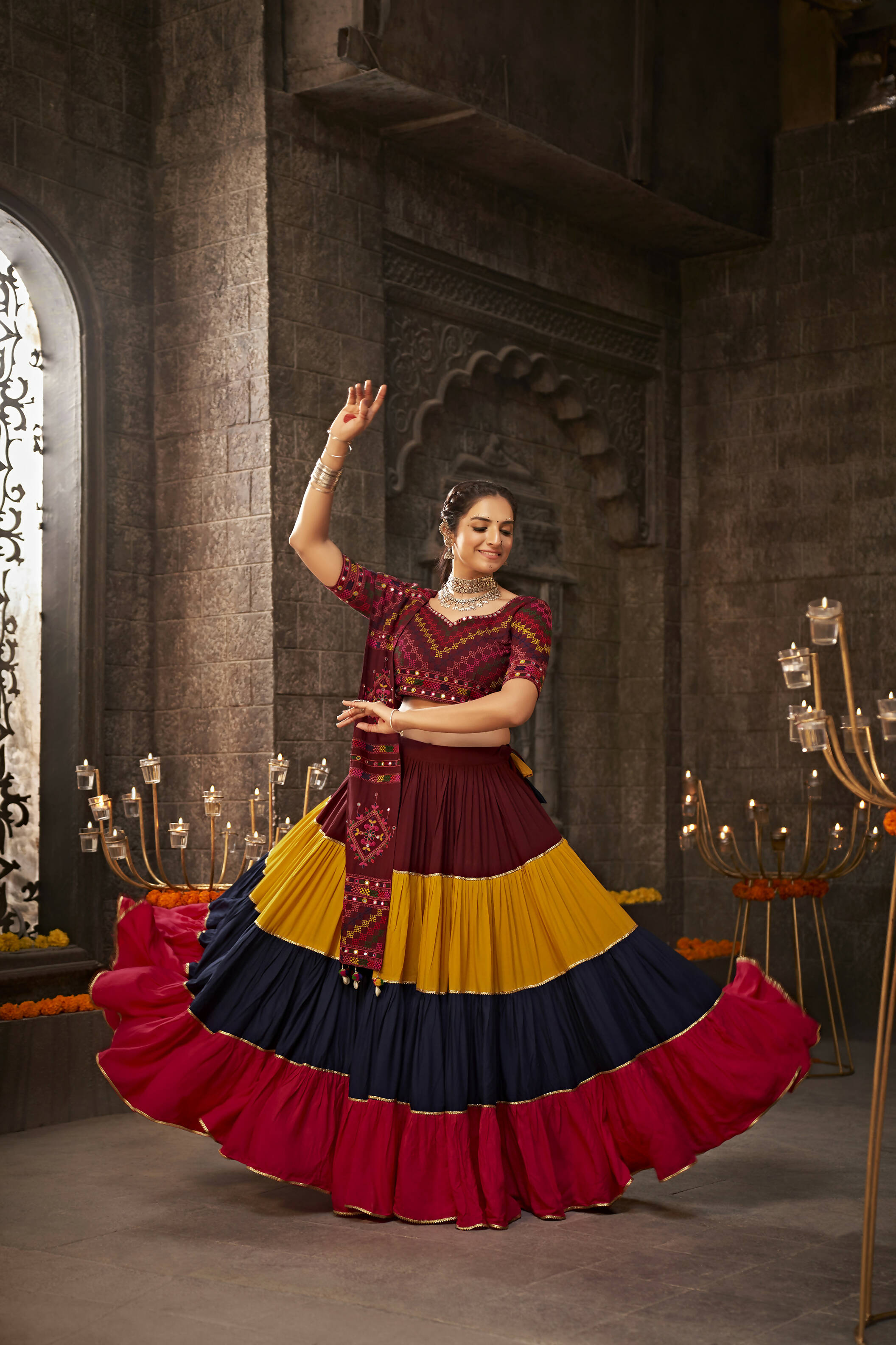 Multi Color Viscose Rayon Thread Embroidered Navratri Lehenga Choli with Dupatta - Raas | Grocsy