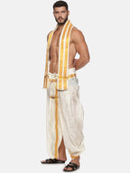 Sethukrishna Men Cream and Gold-Toned Solid Dhoti With Angavastram | Grocsy