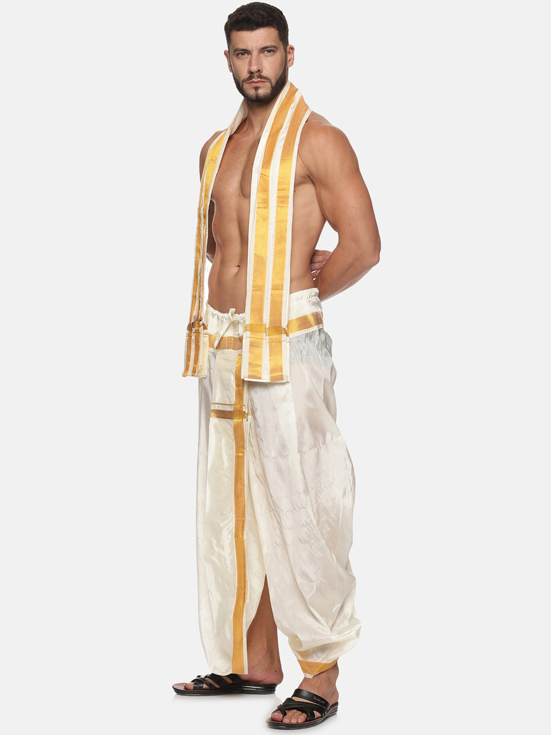 Sethukrishna Men Cream and Gold-Toned Solid Dhoti With Angavastram | Grocsy