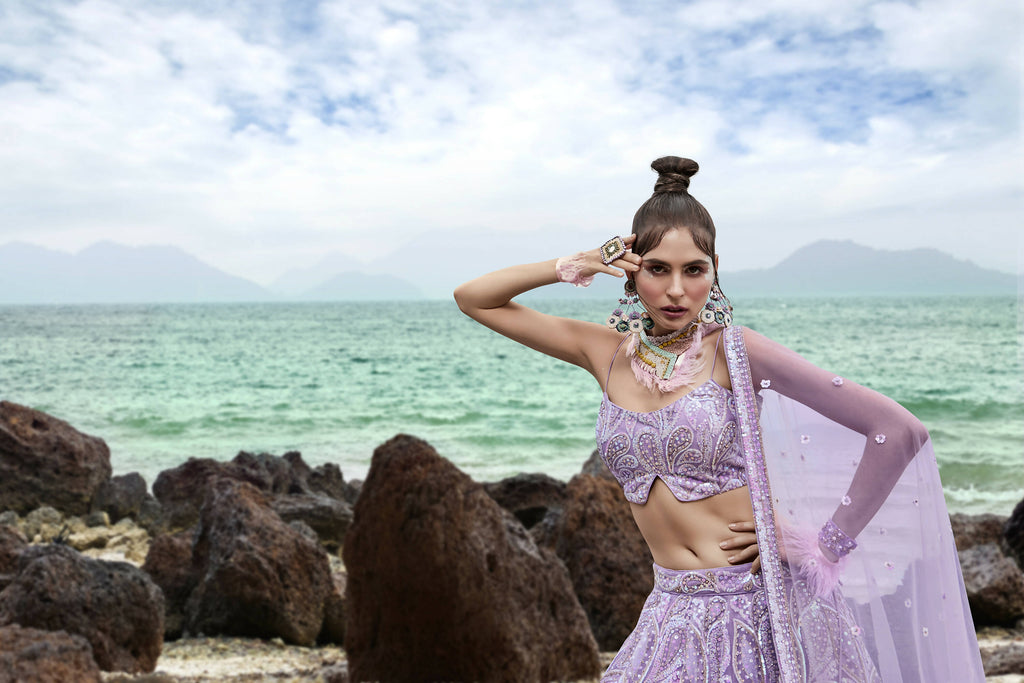 House of Panchhi Mauve Net Multi Sequins with heavy Zarkan embroidery Lehenga choli & Dupatta | Grocsy
