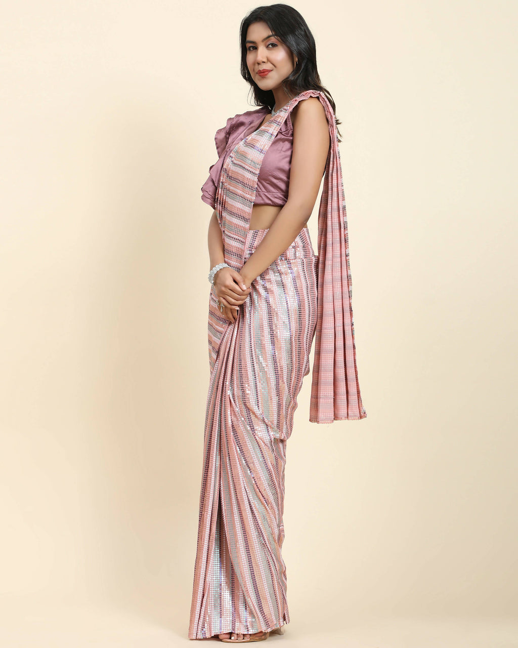 Pink Pure Georgette Sequence work Ready to wear Saree with stitched Blouse - Satiksha | Grocsy