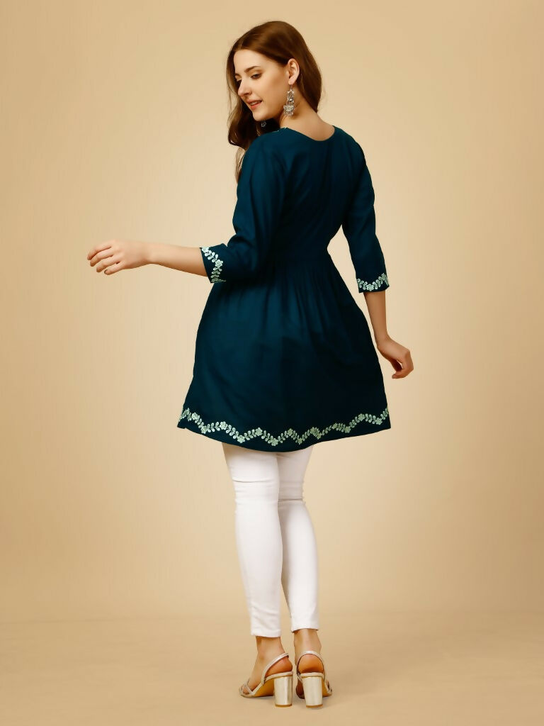 Jyoti Fashion Women's Blue Viscose Rayon Embroidered Casual Top | Grocsy