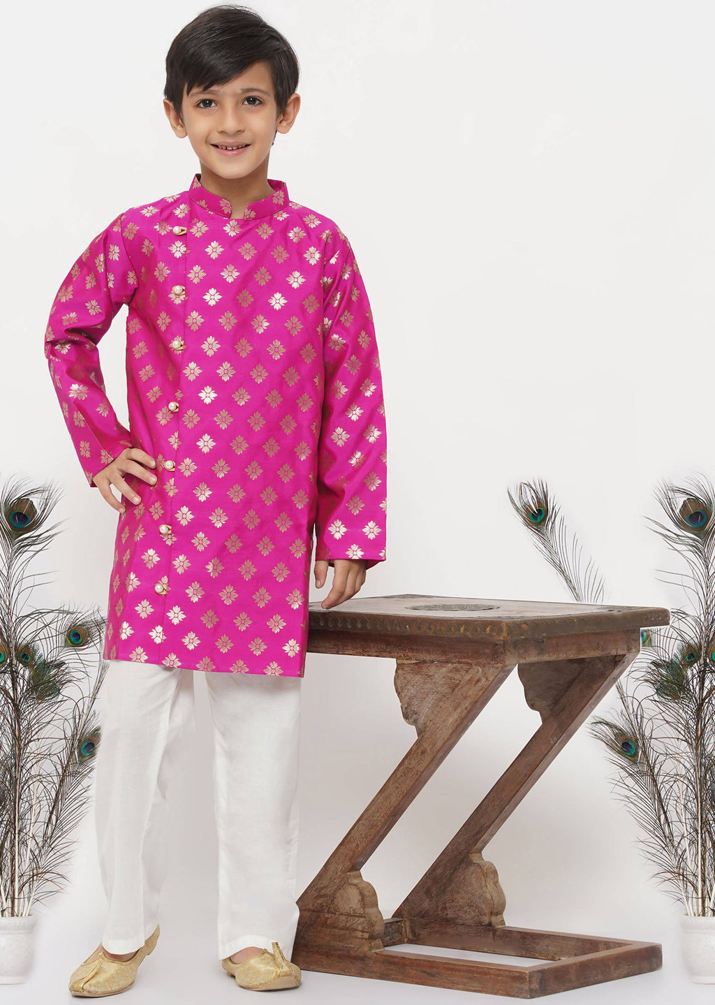 Little Bansi Boys Banarsi Silk Sherwani & Pyjama - Magenta & Cream | Grocsy