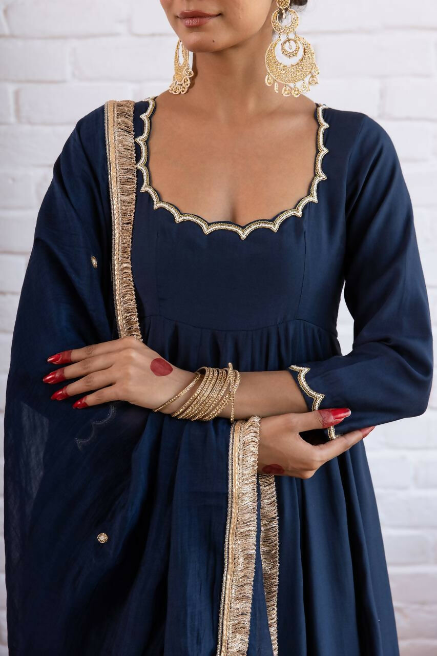 Teeya Creation Navy Blue Scallop Border Anarkali Kurta Set For Women | Grocsy