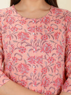 Aramya Pink Soft Cotton Floral Print A-line Kurta Set for Women | Grocsy