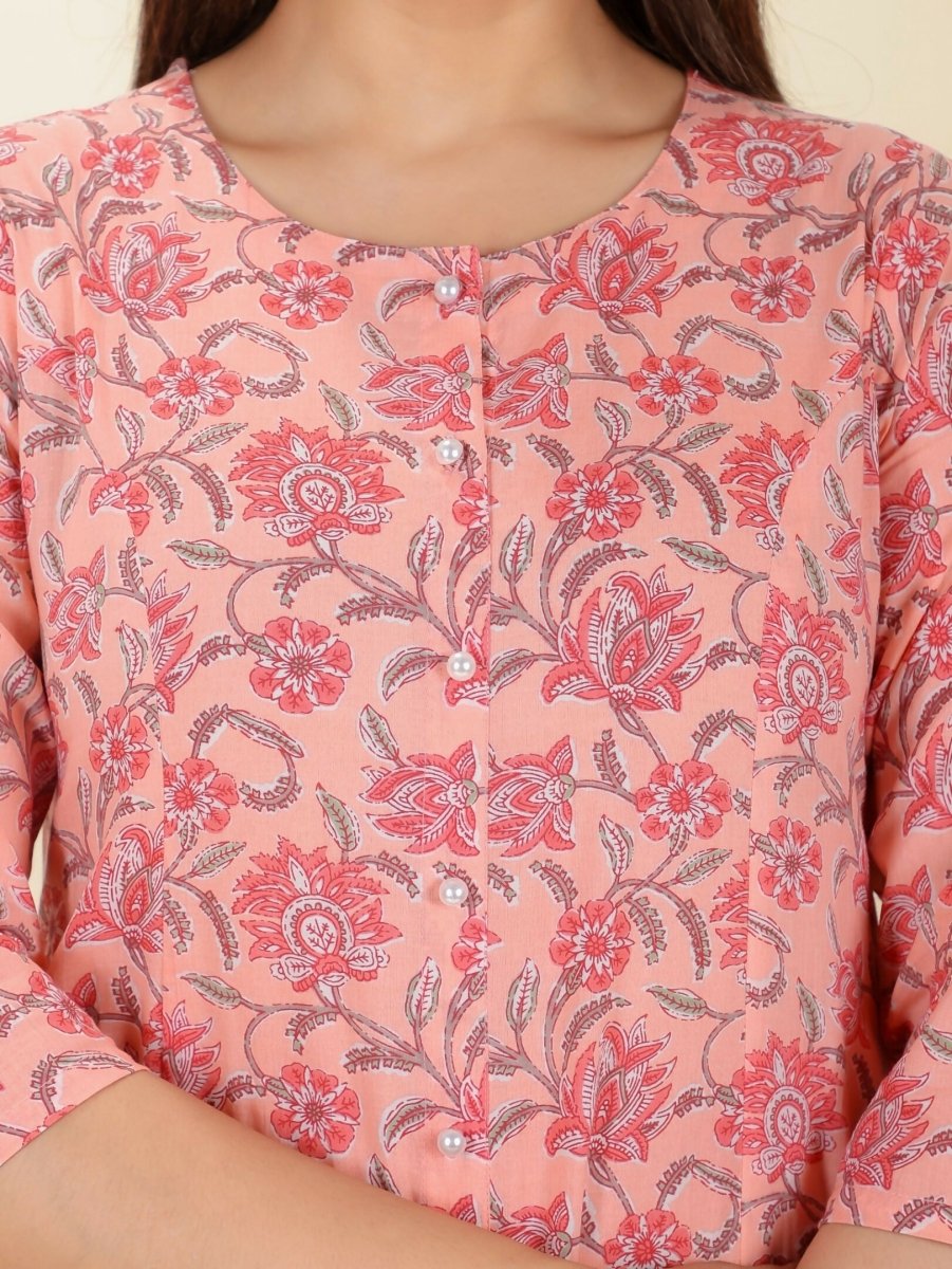 Aramya Pink Soft Cotton Floral Print A-line Kurta Set for Women | Grocsy