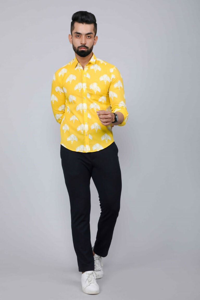 Miravan Men's Yellow and White Floral Printed Full Sleeves Cotton Casual Shirt | Grocsy