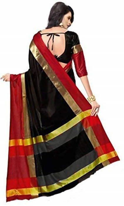 Vamika Black Cotton Silk Weaving Saree (Shreeji Black Red) | Grocsy