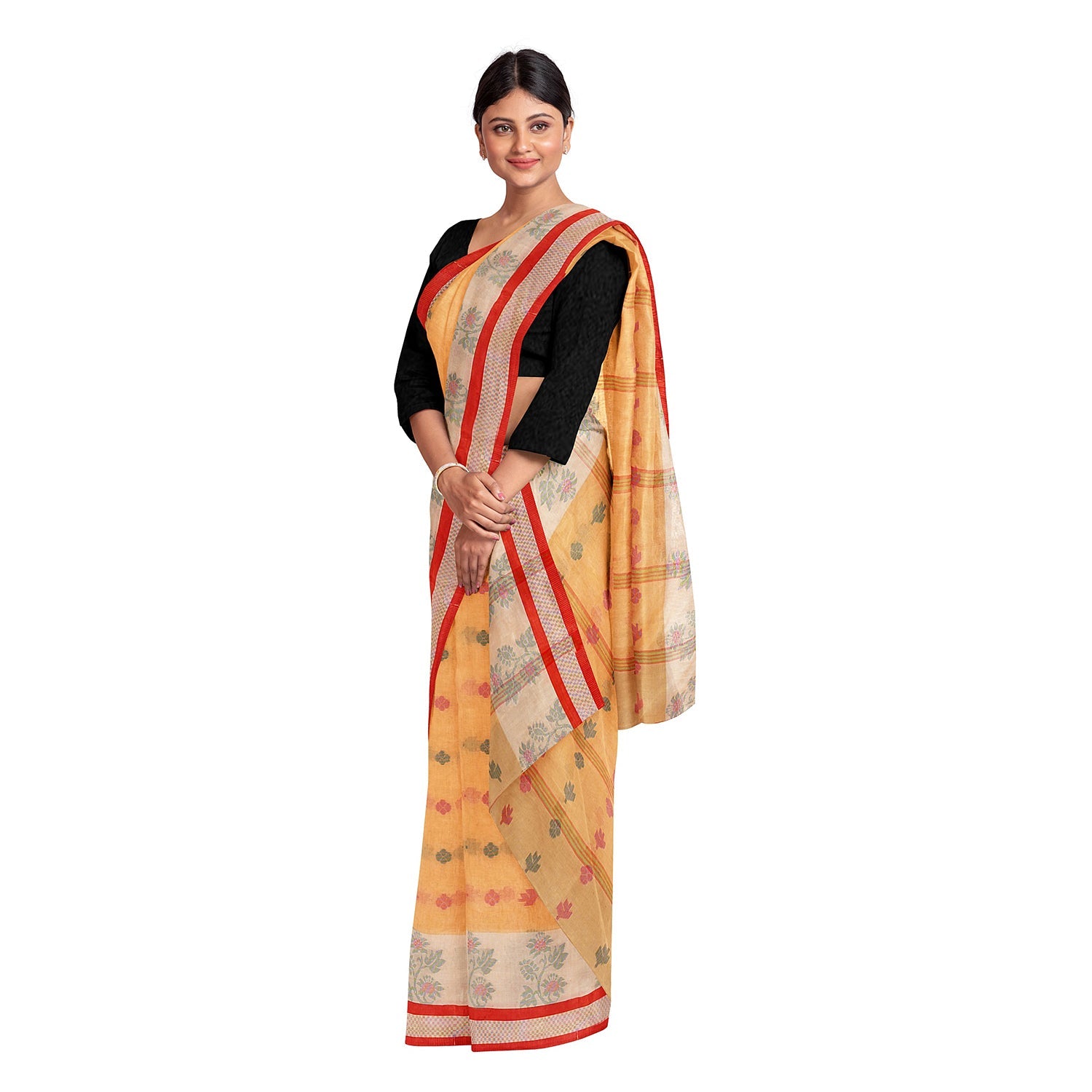 Exclusive Collection 100% Pure Cotton Yellow Tant Saree With Hand Weaving Work | Grocsy