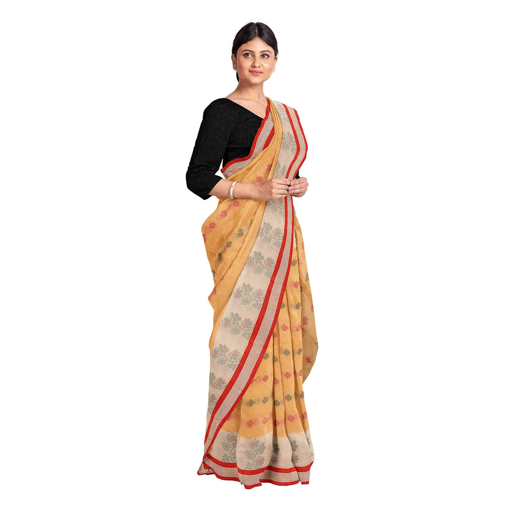 Exclusive Collection 100% Pure Cotton Yellow Tant Saree With Hand Weaving Work | Grocsy