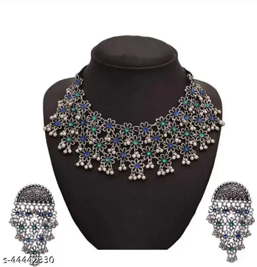 Tehzeeb Creations Women's Silver Colour Oxidised Necklace And Earring With Multi Beads | Grocsy