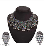 Tehzeeb Creations Women's Silver Colour Oxidised Necklace And Earring With Multi Beads | Grocsy