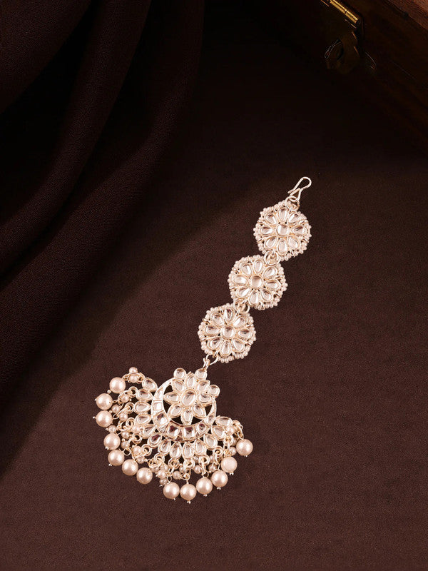 Tehzeeb Creations White Gold Trending Style Drop & Danglers Earring With Tikka For Girls & Women Diamond, Pearl Brass Drops | Grocsy