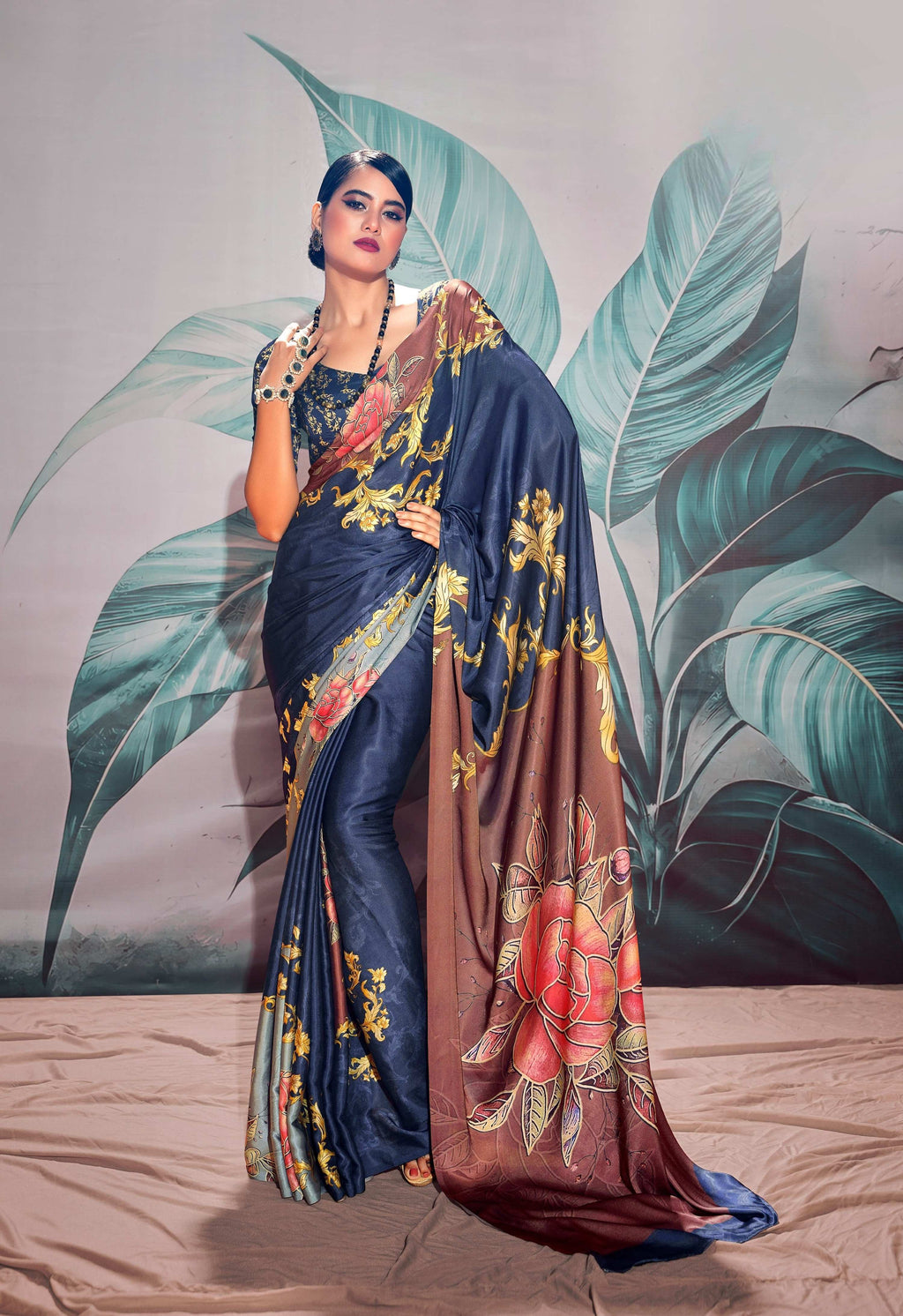 Anaita Navy Blue Pure Satin Silk With Zari Weaving Saree With Blouse | Grocsy