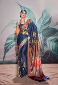 Anaita Navy Blue Pure Satin Silk With Zari Weaving Saree With Blouse | Grocsy