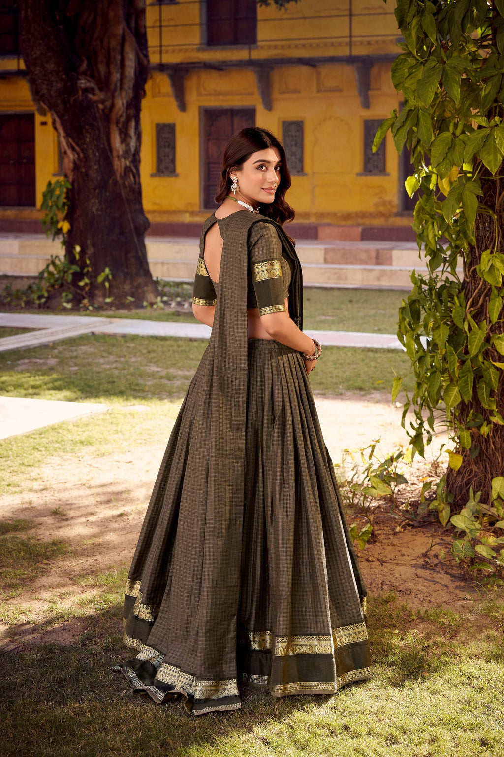 Evanik Grey Cotton With Chex Zari Weaving Lehenga Choli | Grocsy