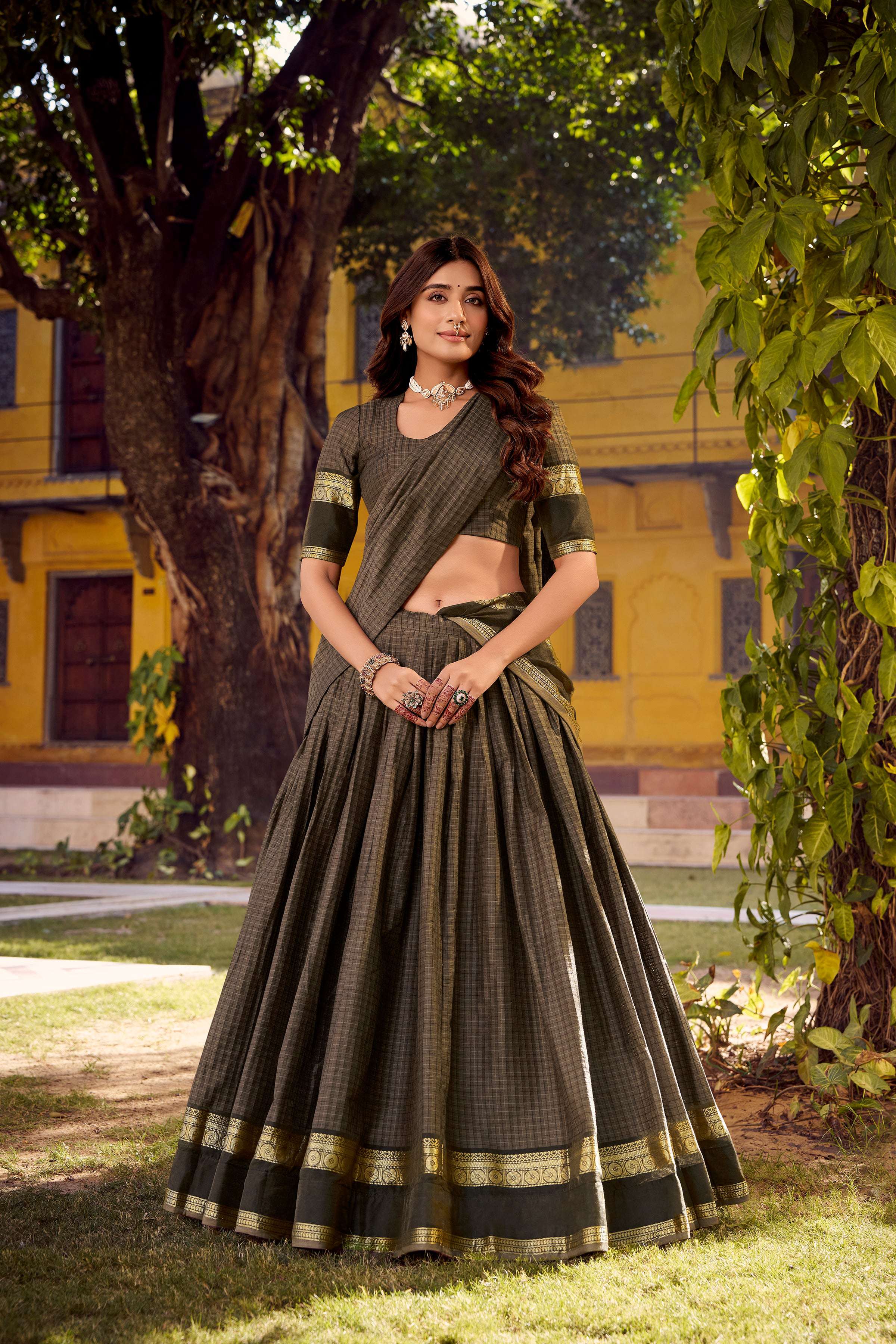Evanik Grey Cotton With Chex Zari Weaving Lehenga Choli | Grocsy