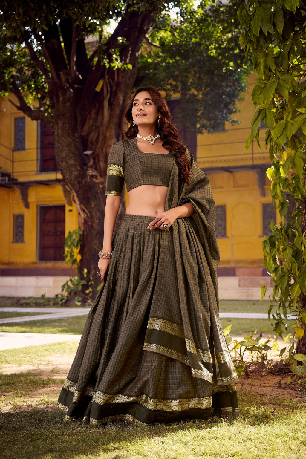 Evanik Grey Cotton With Chex Zari Weaving Lehenga Choli | Grocsy