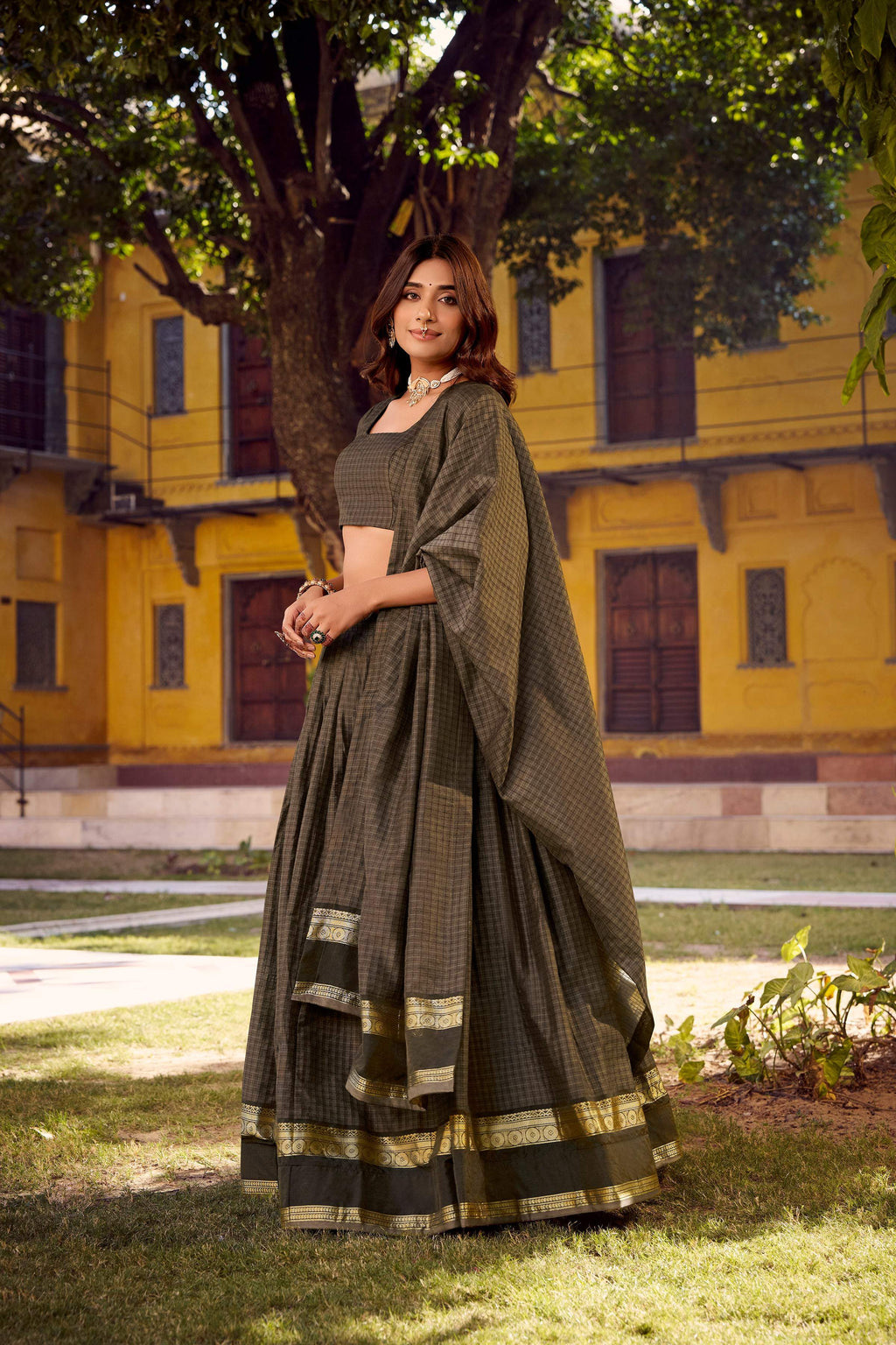Evanik Grey Cotton With Chex Zari Weaving Lehenga Choli | Grocsy