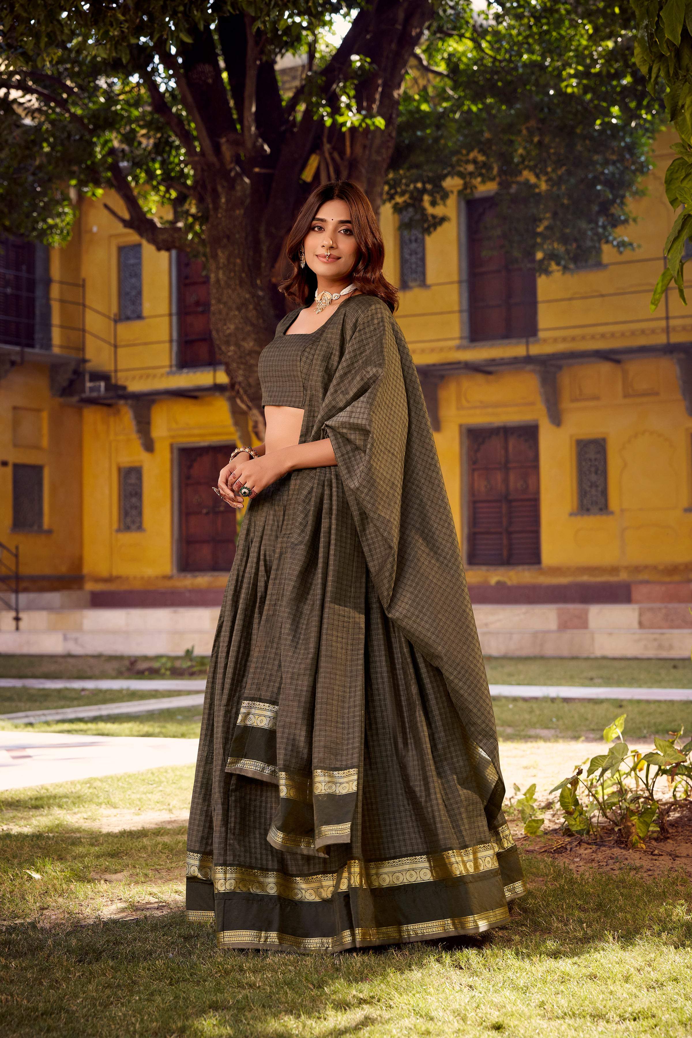 Evanik Grey Cotton With Chex Zari Weaving Lehenga Choli | Grocsy