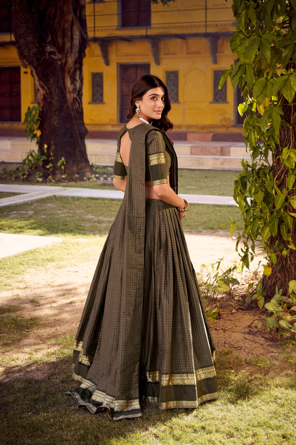 Lorenvalley Fashion Grey Chettinad Cotton Chex with Zari Weaving Work Lehenga Choli with Dupatta | Grocsy