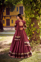 Evanik Burgundy Cotton With Chex Zari Weaving Lehenga Choli | Grocsy