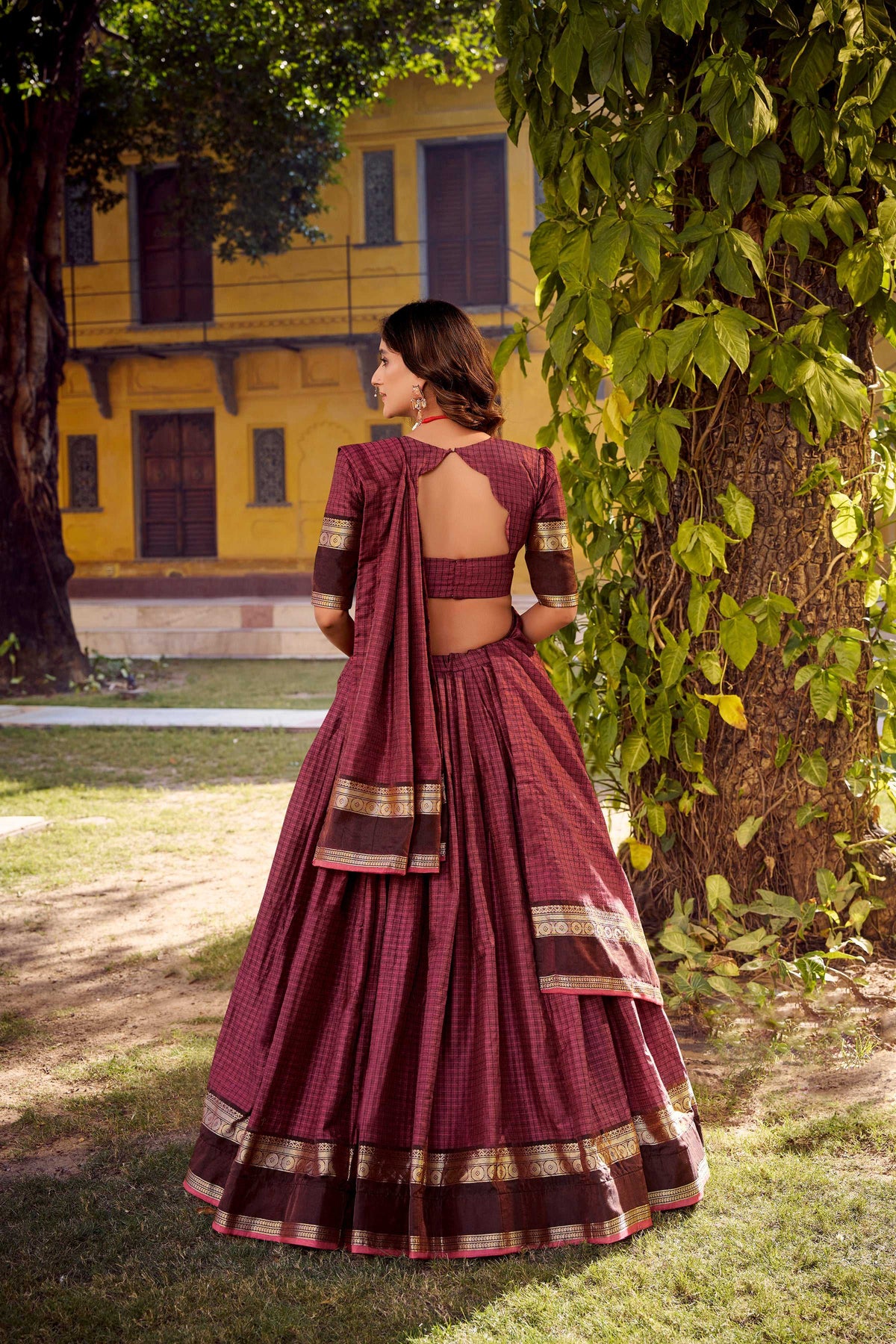 Evanik Burgundy Cotton With Chex Zari Weaving Lehenga Choli | Grocsy