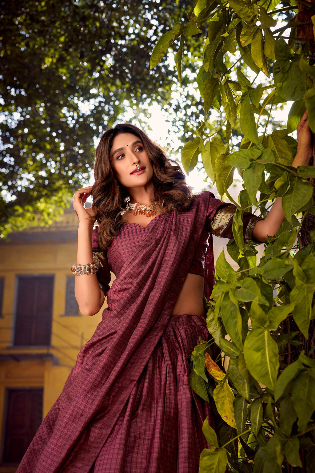 Evanik Burgundy Cotton With Chex Zari Weaving Lehenga Choli | Grocsy