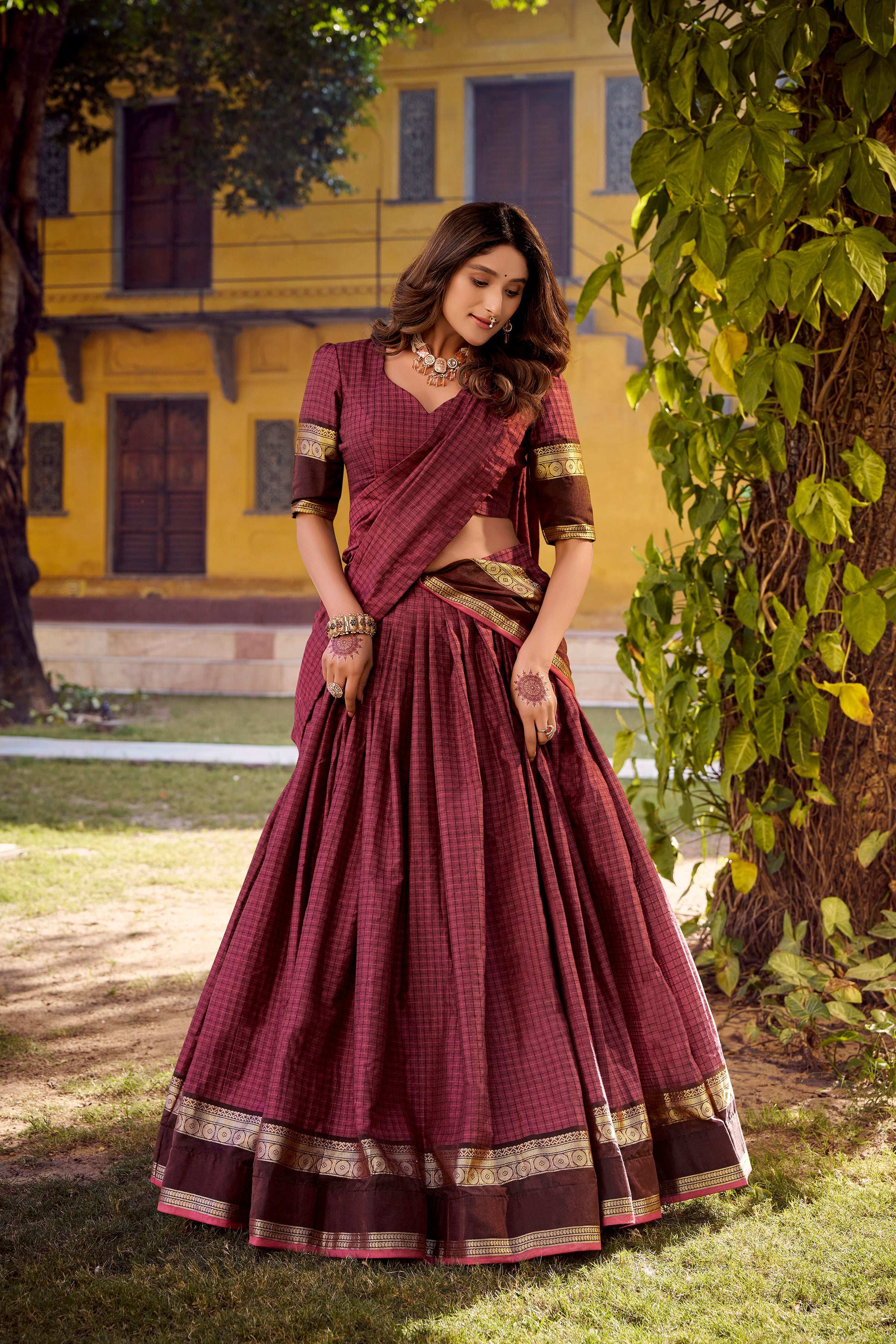 Evanik Burgundy Cotton With Chex Zari Weaving Lehenga Choli | Grocsy