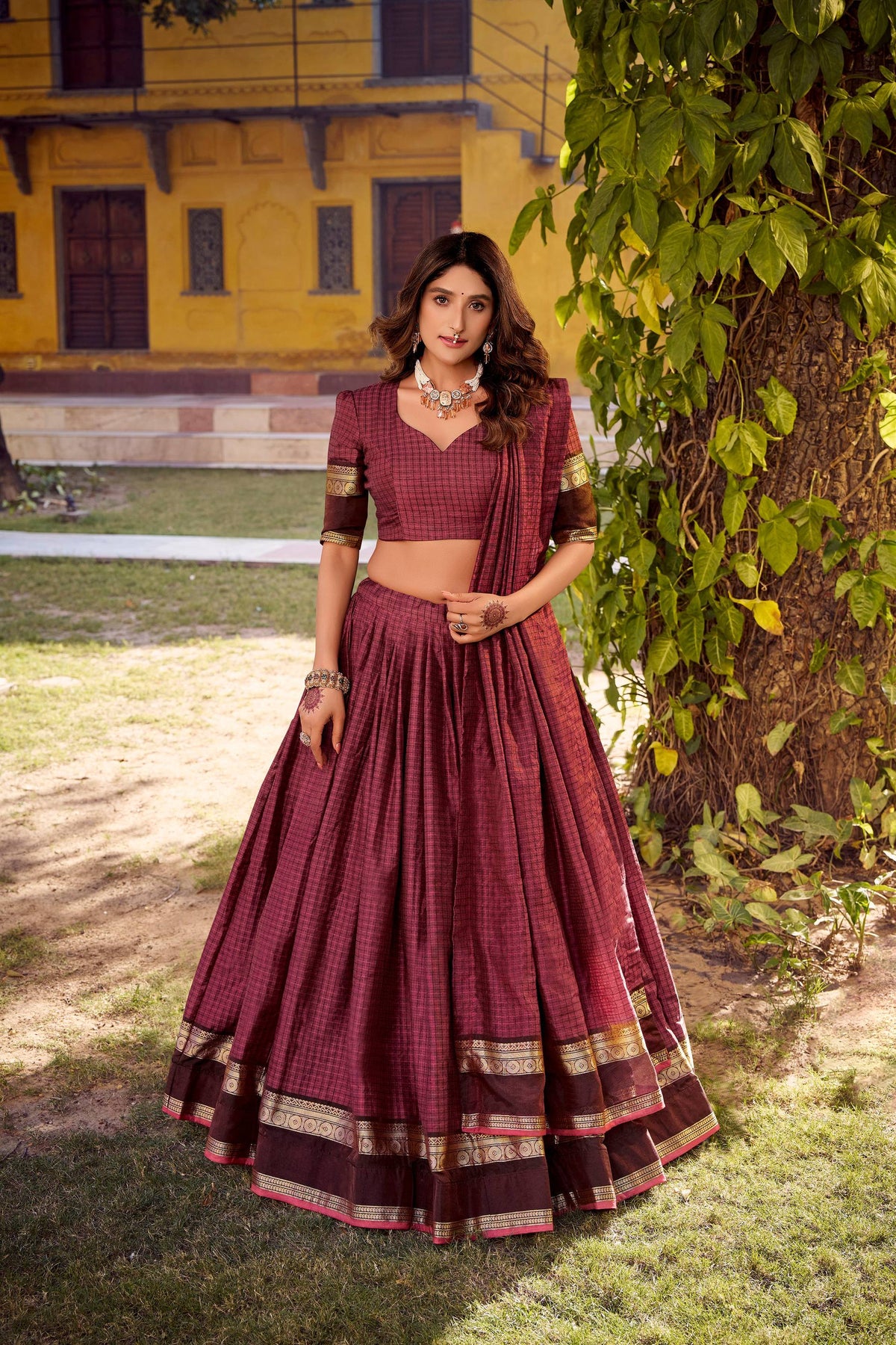 Evanik Burgundy Cotton With Chex Zari Weaving Lehenga Choli | Grocsy