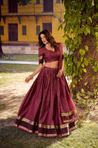 Evanik Burgundy Cotton With Chex Zari Weaving Lehenga Choli | Grocsy
