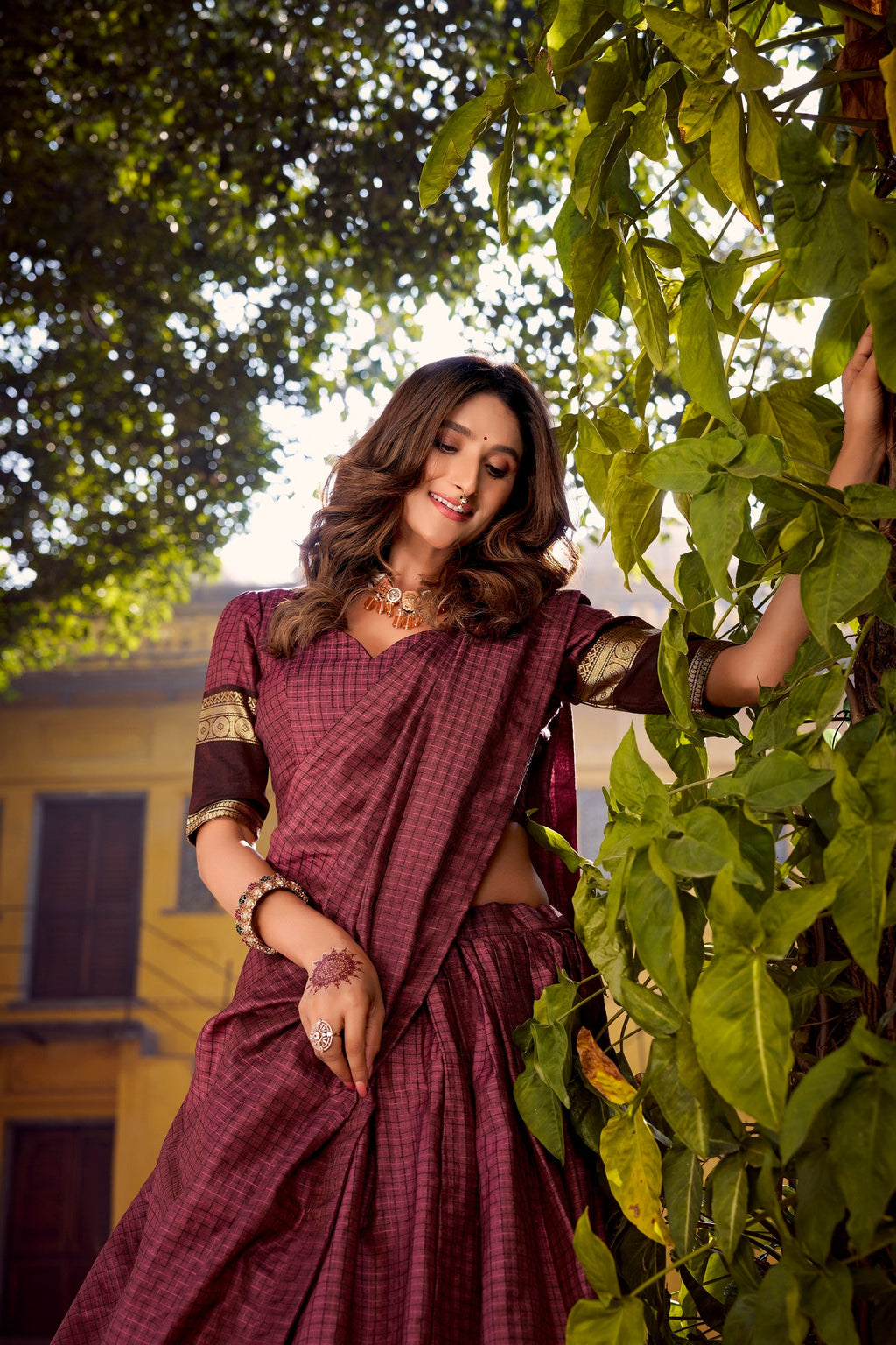 Lorenvalley Fashion Rust Chettinad Cotton Chex with Zari Weaving Work Lehenga Choli with Dupatta | Grocsy
