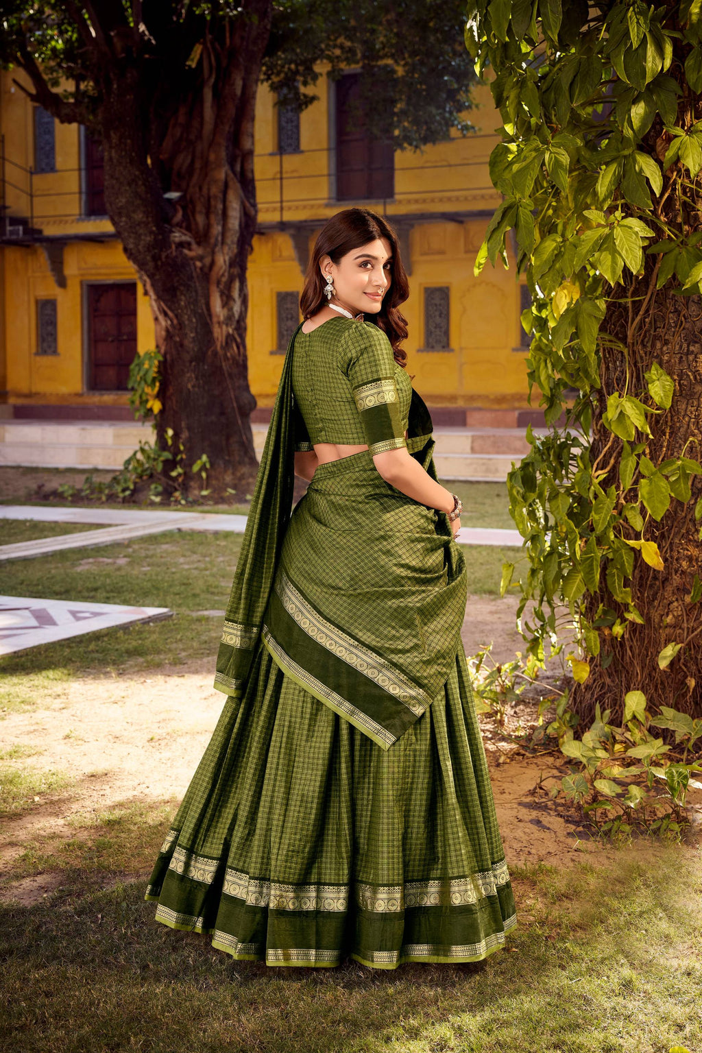 Evanik Mehendi Cotton With Chex Zari Weaving Lehenga Choli | Grocsy