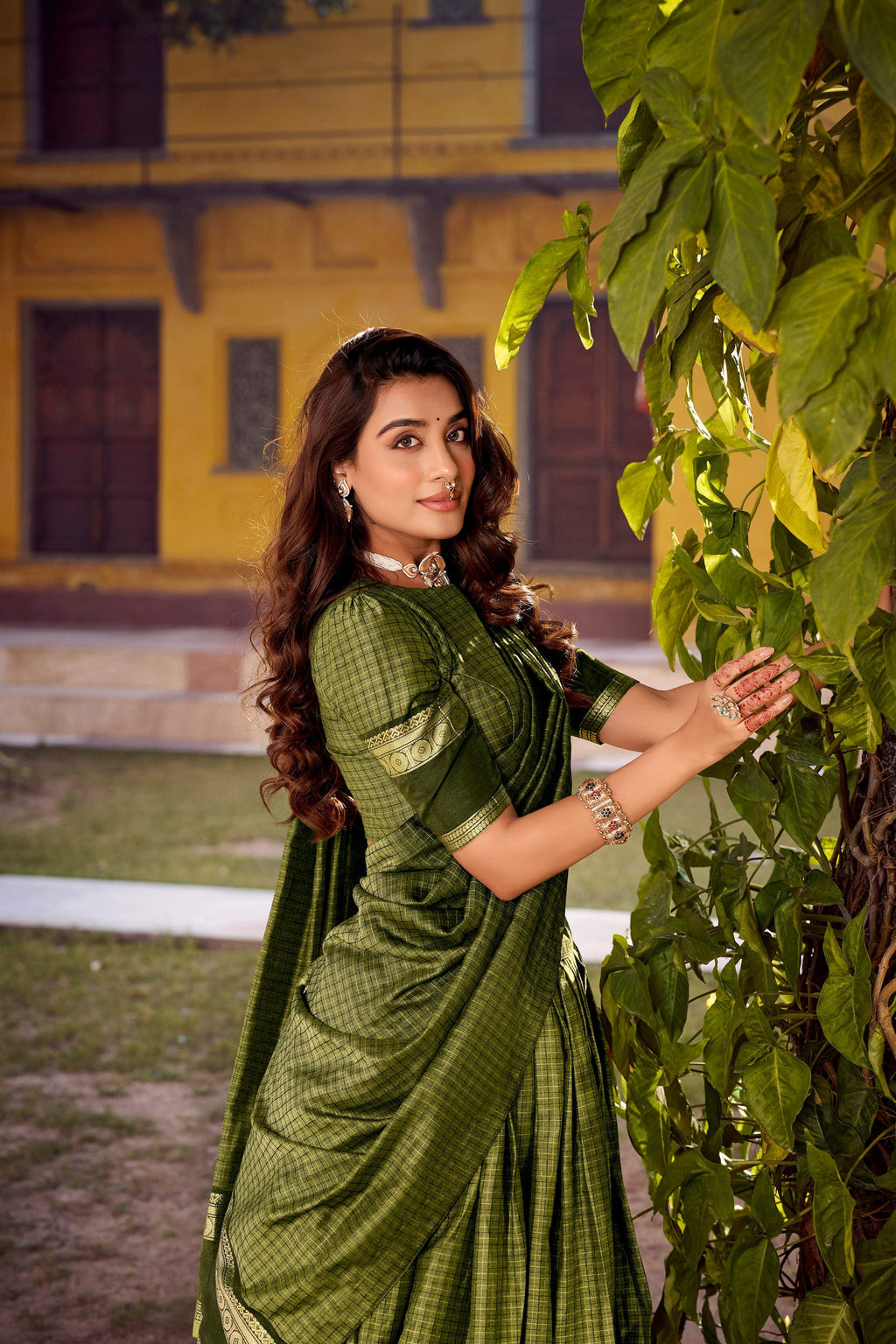 Evanik Mehendi Cotton With Chex Zari Weaving Lehenga Choli | Grocsy