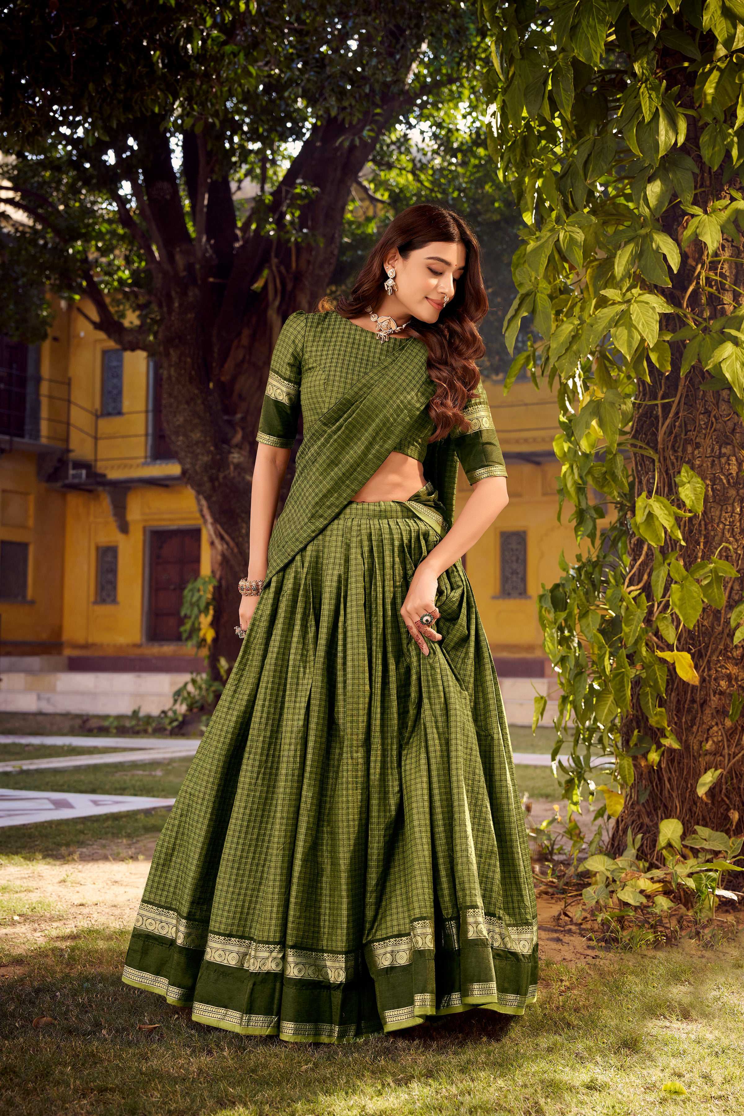 Evanik Mehendi Cotton With Chex Zari Weaving Lehenga Choli | Grocsy